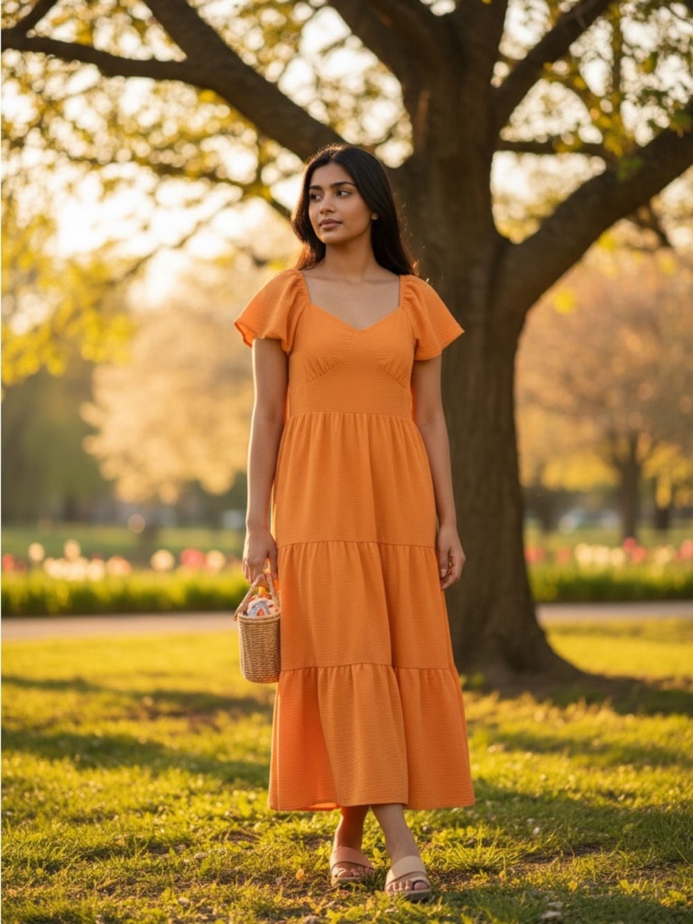 Derek Heart Orange Tiered Maxi Dress with Flutter Sleeves